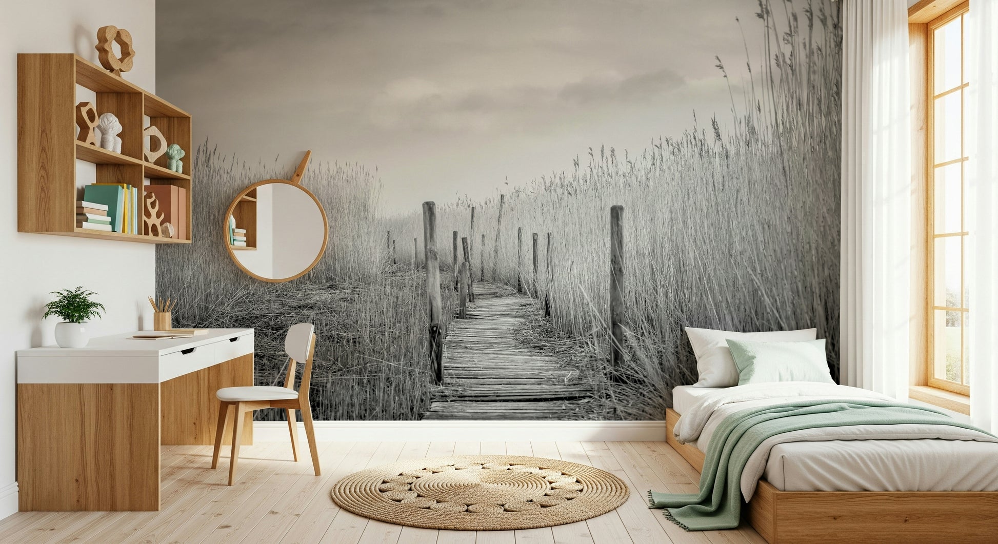 An artistic natural vista mural on scenic wallpaper.