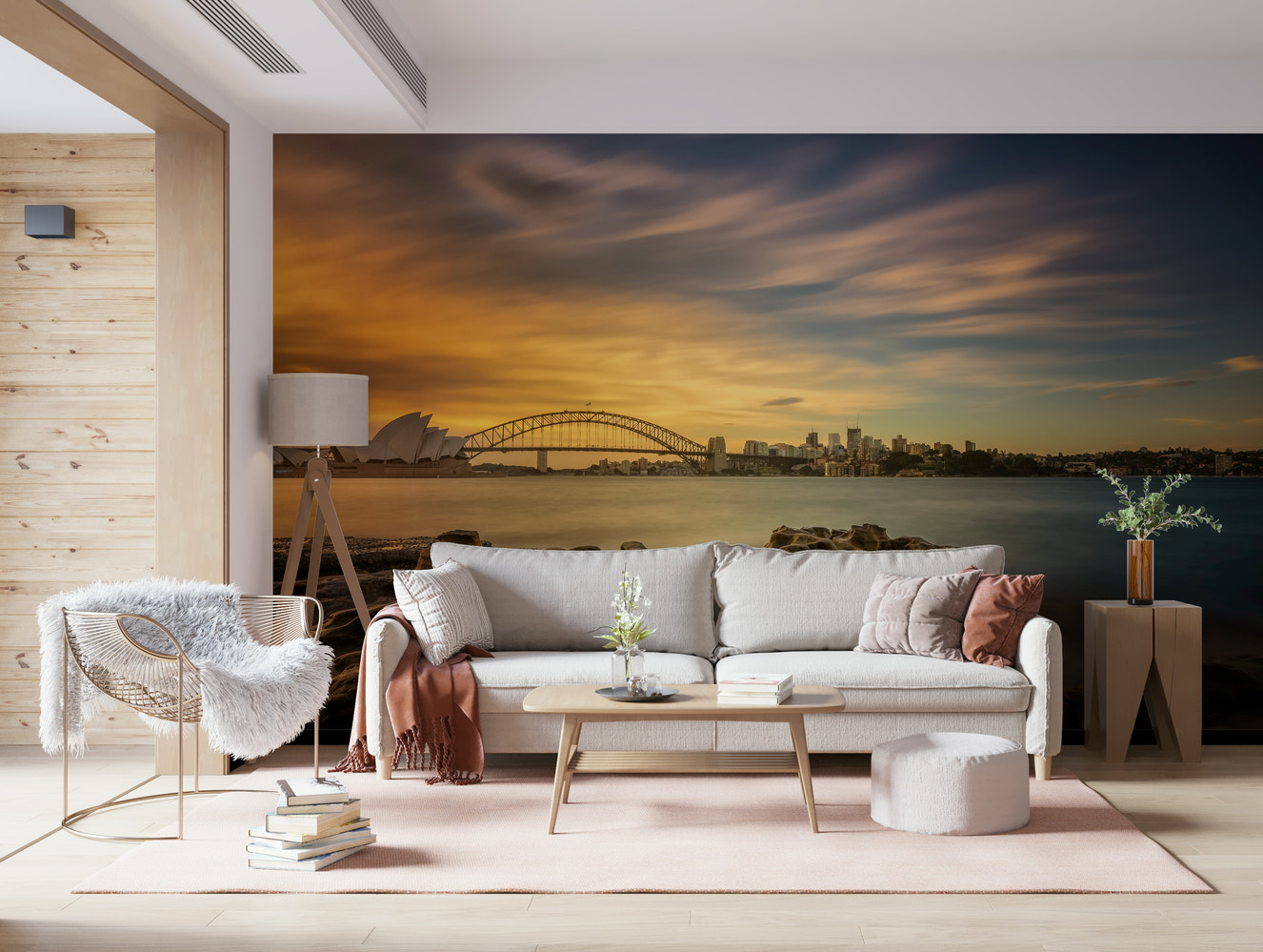 A beautiful panoramic Sydney sunset wallpaper mural of the harbor and opera house.