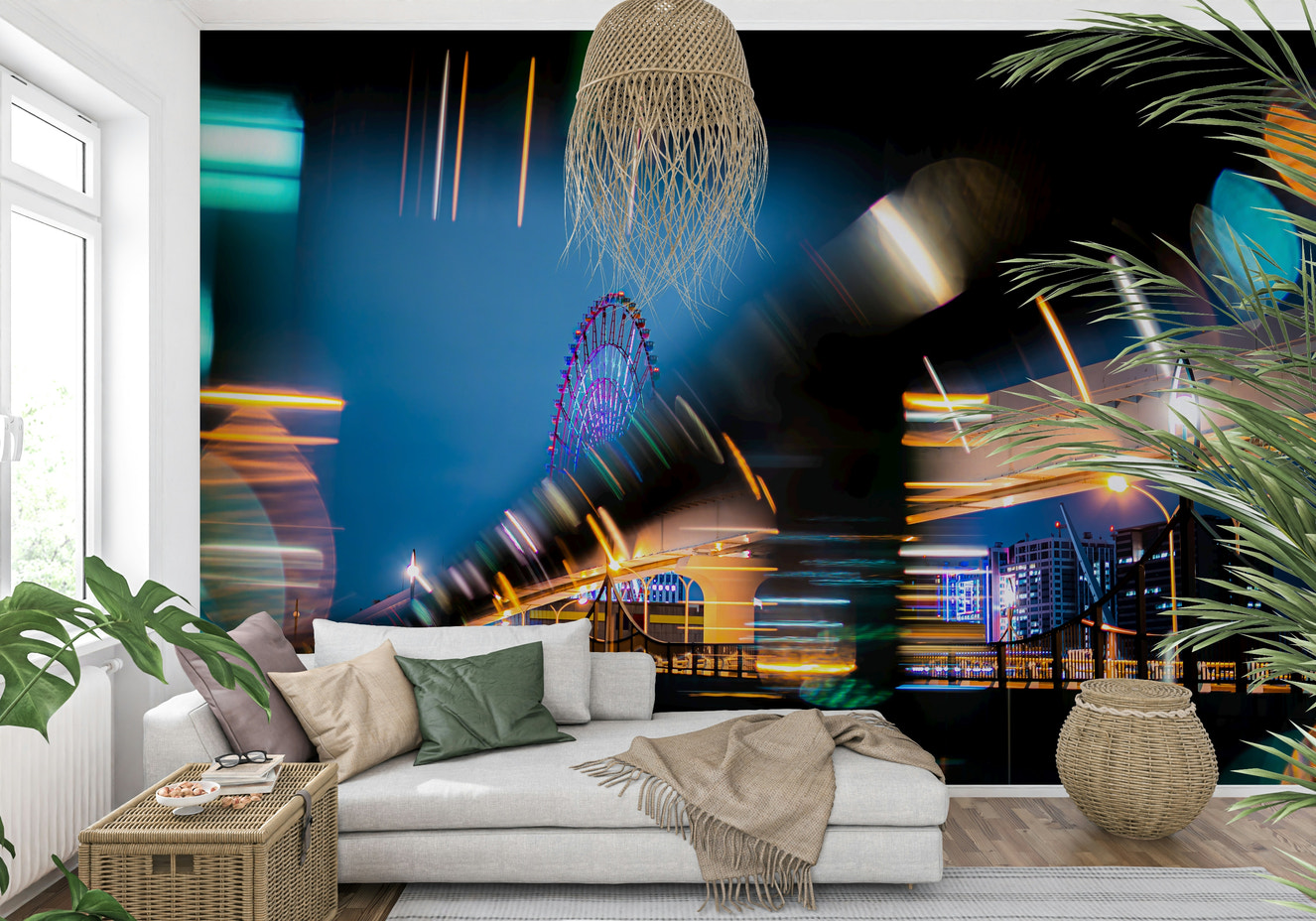 A beautiful abstract city skyline wallpaper mural with vibrant, fused lights.