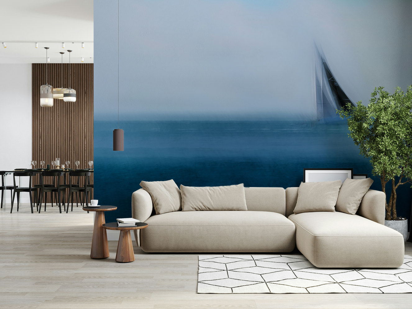 A beautiful abstract sailboat wallpaper mural with subtle, misty textures.