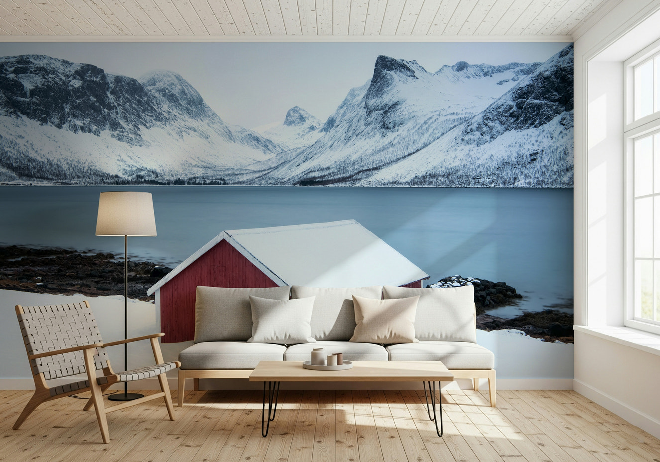 A beautiful panoramic snowscape wallpaper mural of a quiet winter scene.
