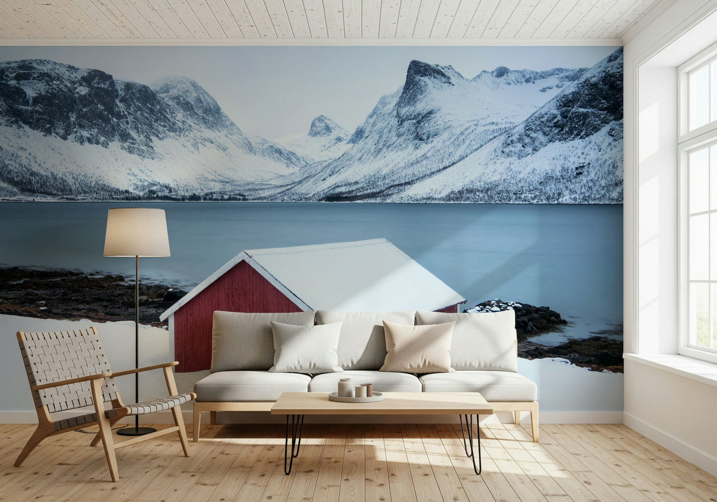 A beautiful panoramic snowscape wallpaper mural of a quiet winter scene.