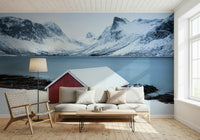 A beautiful panoramic snowscape wallpaper mural of a quiet winter scene.