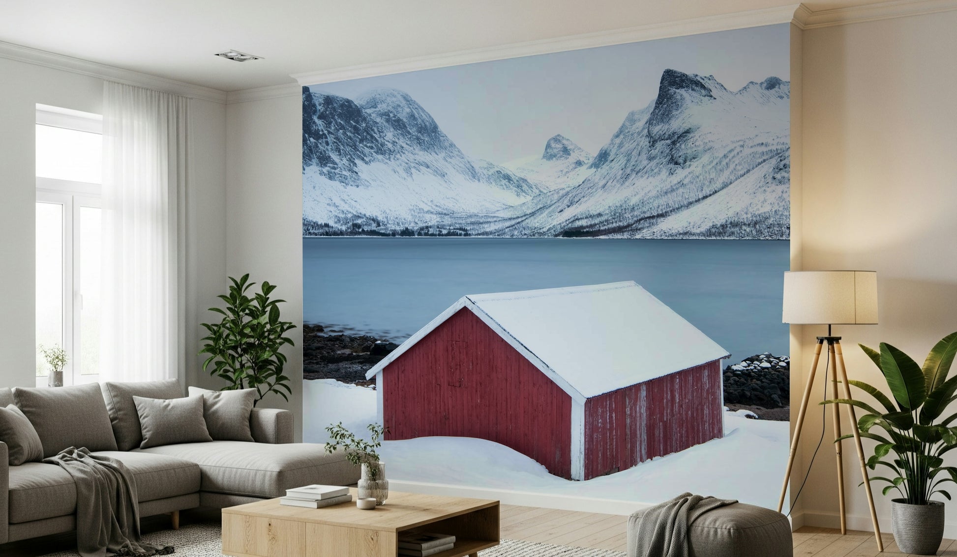 A peaceful modern abstract mural on decorative wallpaper.