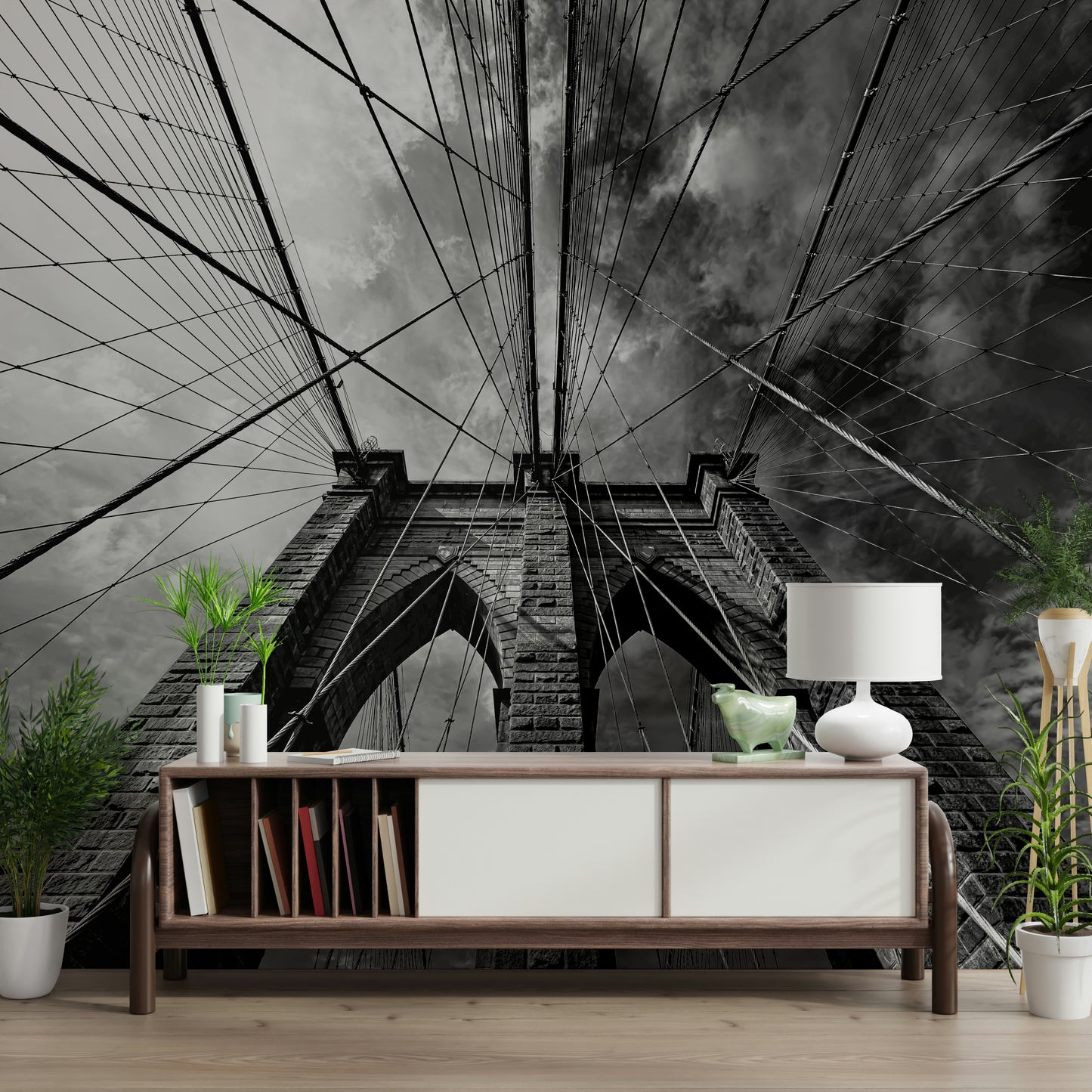 A peaceful modern abstract mural on decorative wallpaper.