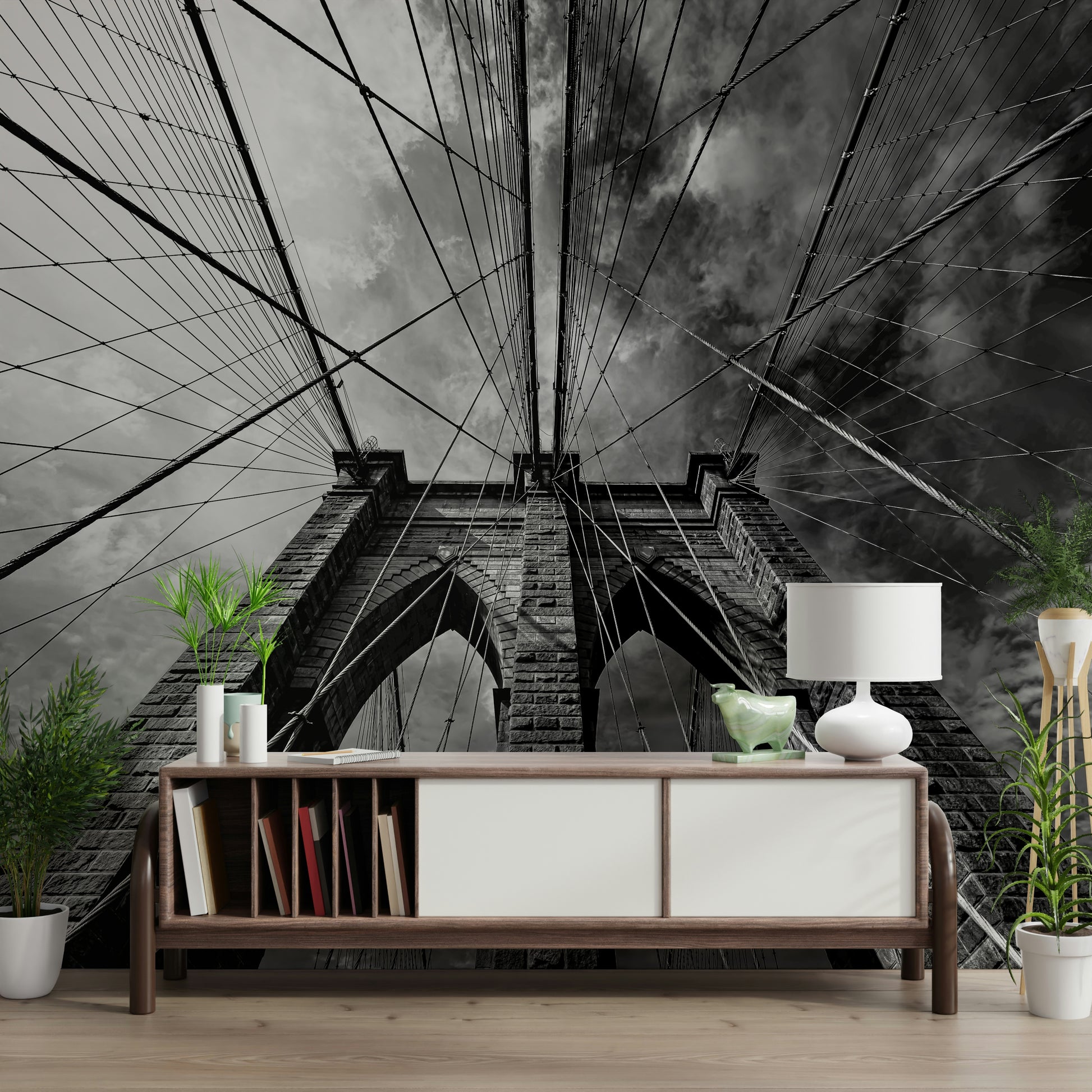 A peaceful modern abstract mural on decorative wallpaper.