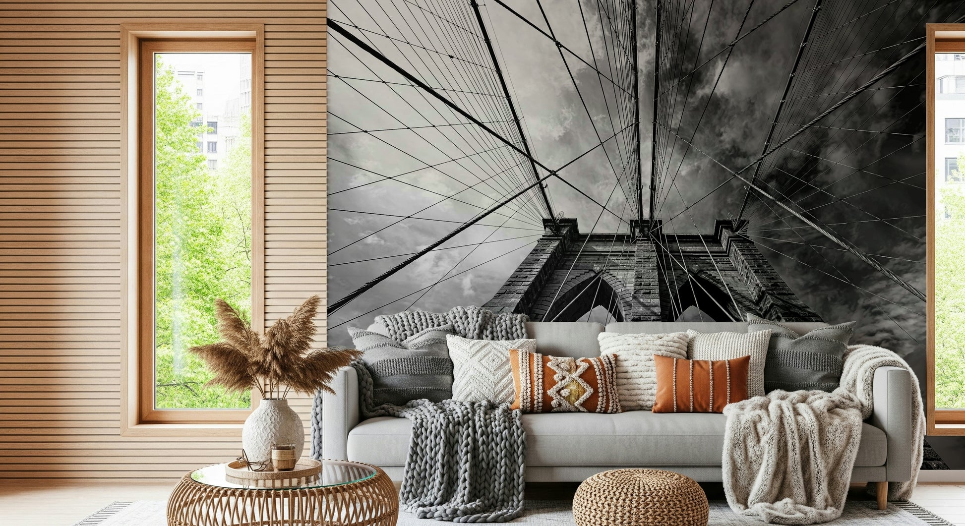 A serene modern pattern wall mural with layered, textured elements.