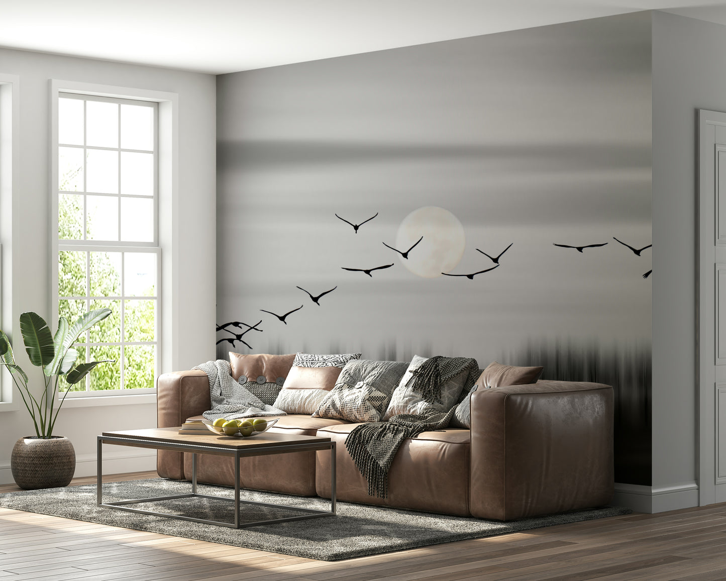 A calming abstract design wallpaper mural that defines a space.