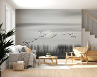 A peaceful cosmic abstract mural on decorative wallpaper.