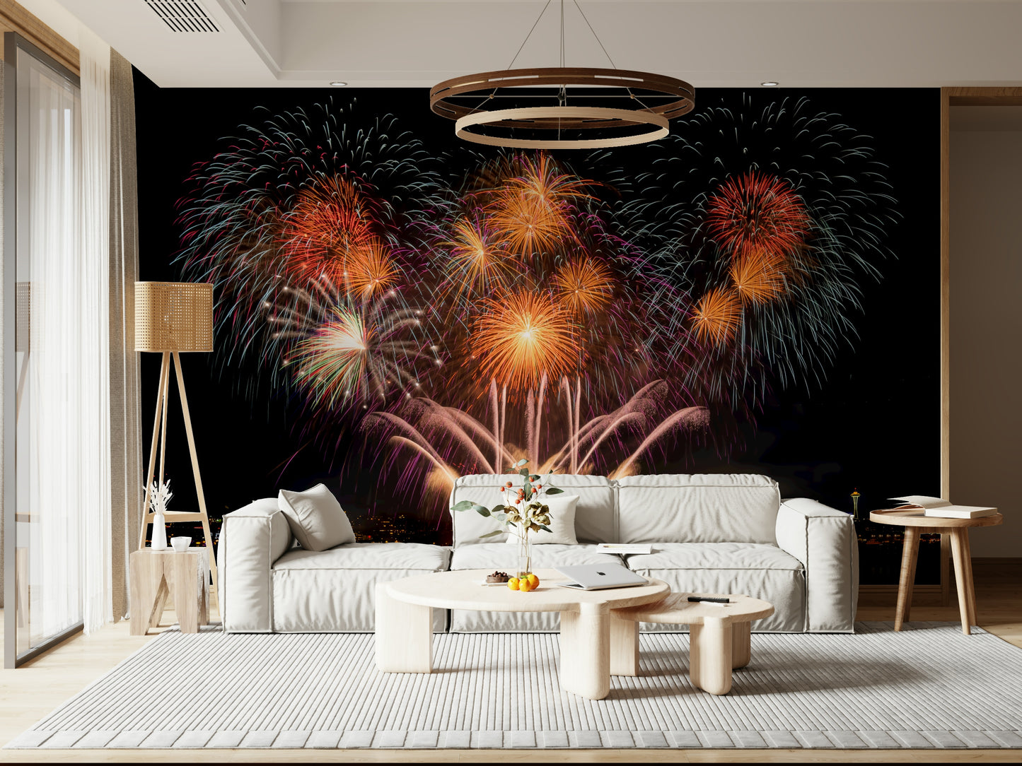 A beautiful abstract urban wallpaper mural with sparkling city light effects.
