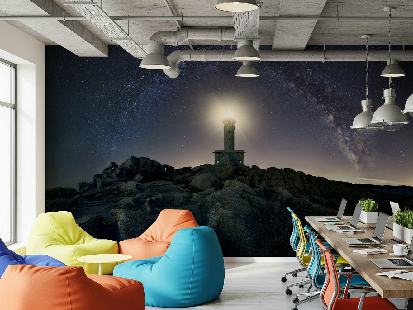 A beautiful abstract celestial beacon wallpaper mural with shining light and dark space.
