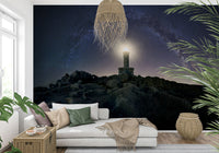 A peaceful cosmic abstract mural on decorative wallpaper.