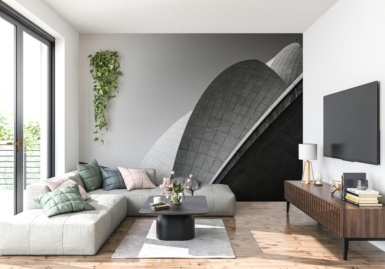 A beautiful abstract geometric floral wallpaper mural with subtle petal shapes.