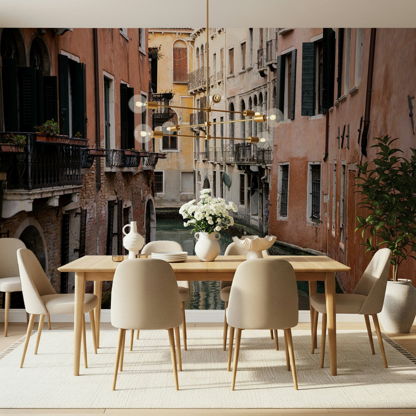A beautiful panoramic Venetian canal wallpaper mural with gondolas and historic buildings.
