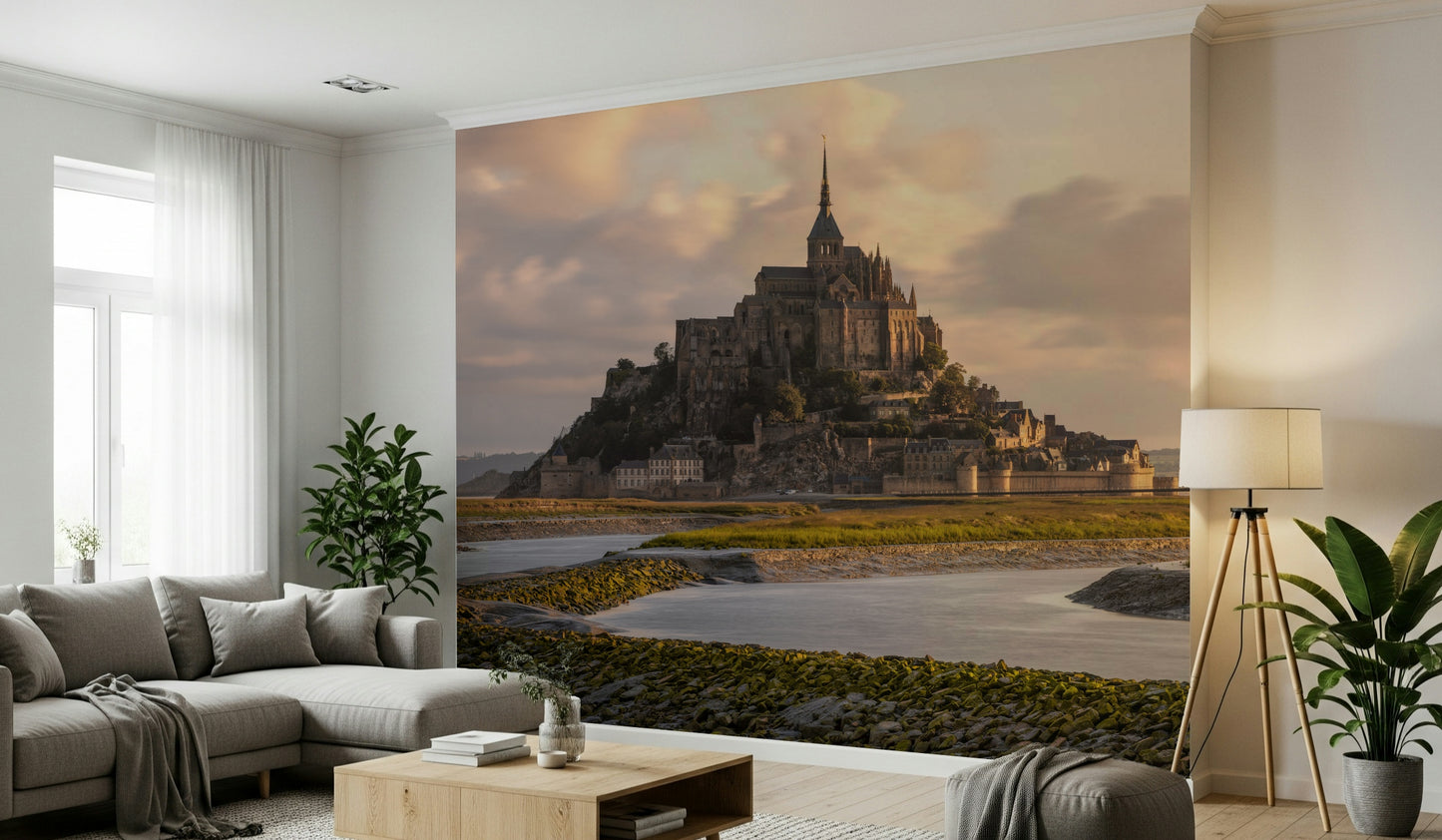 A beautiful panoramic Mont Saint-Michel wallpaper mural bathed in soft dawn light.