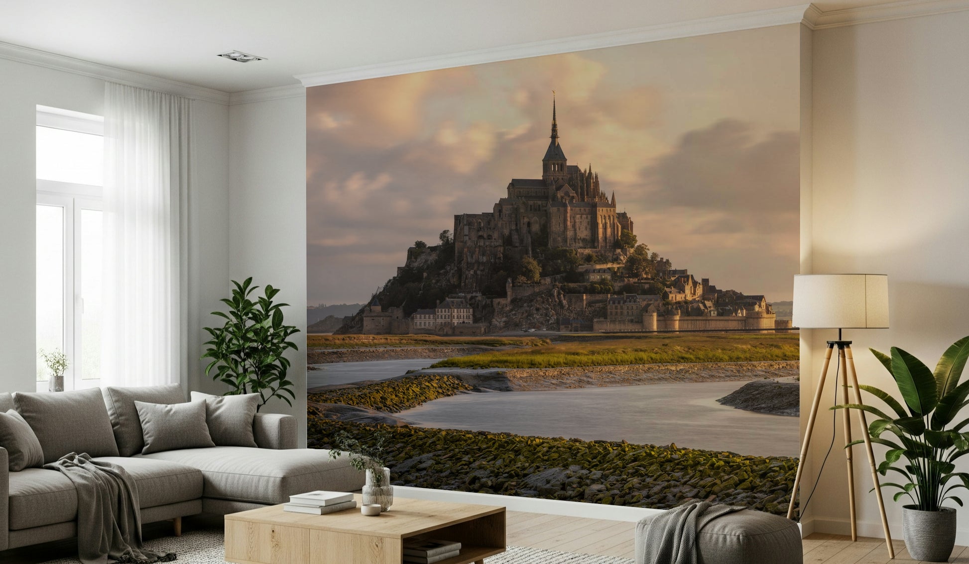 A beautiful panoramic Mont Saint-Michel wallpaper mural bathed in soft dawn light.