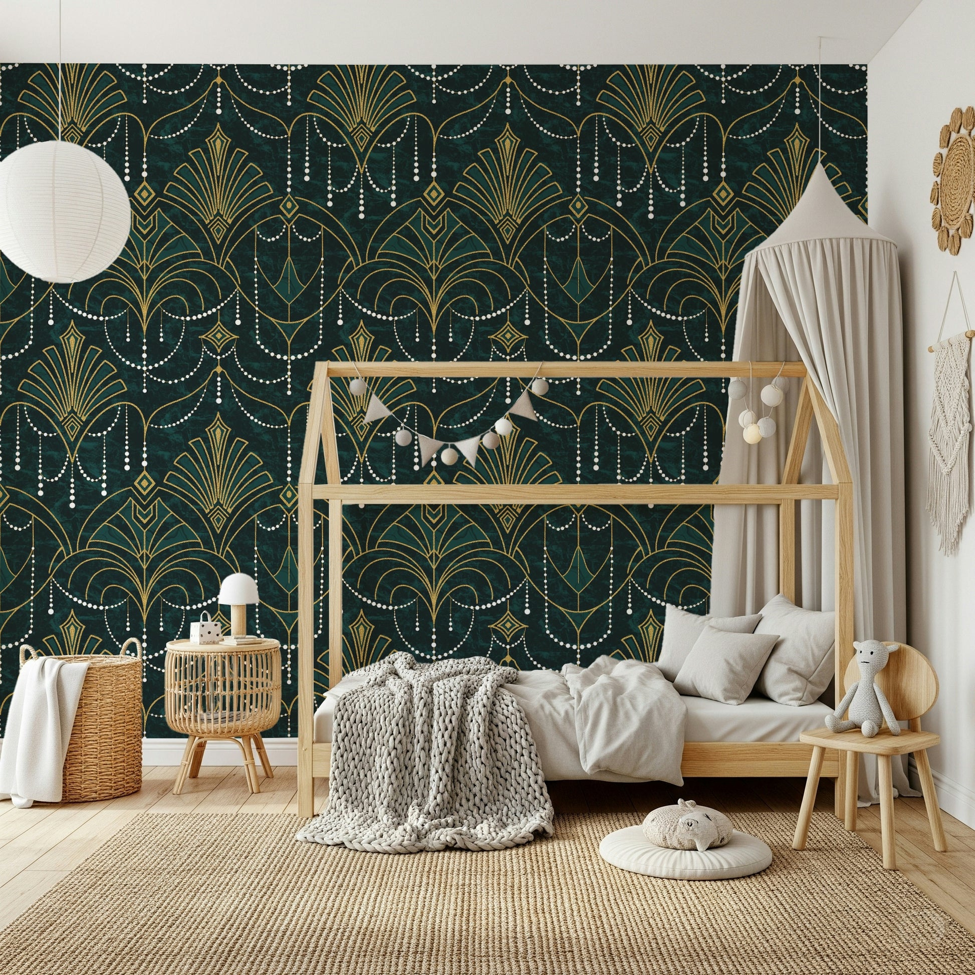 A serene abstract pattern wall mural with gilded accents.
