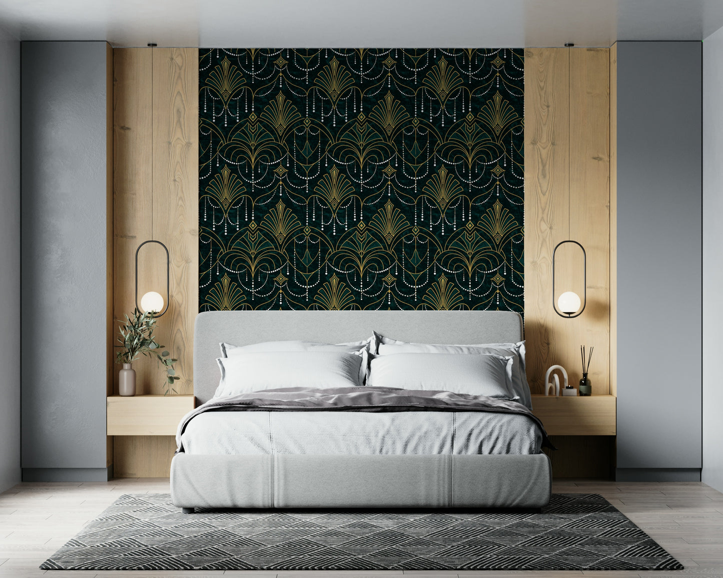 A classic abstract block wallpaper for walls with gold foil.