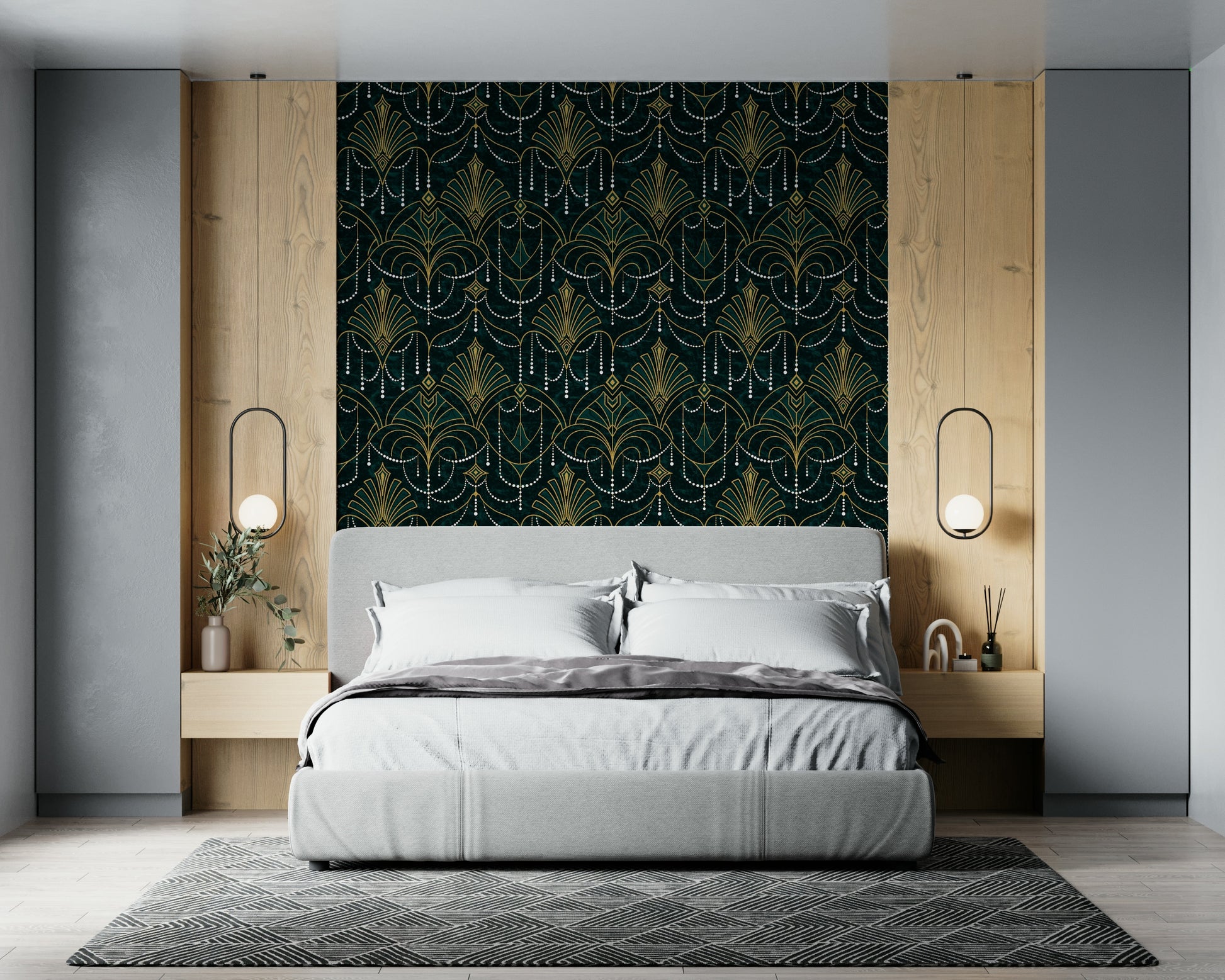 A classic abstract block wallpaper for walls with gold foil.