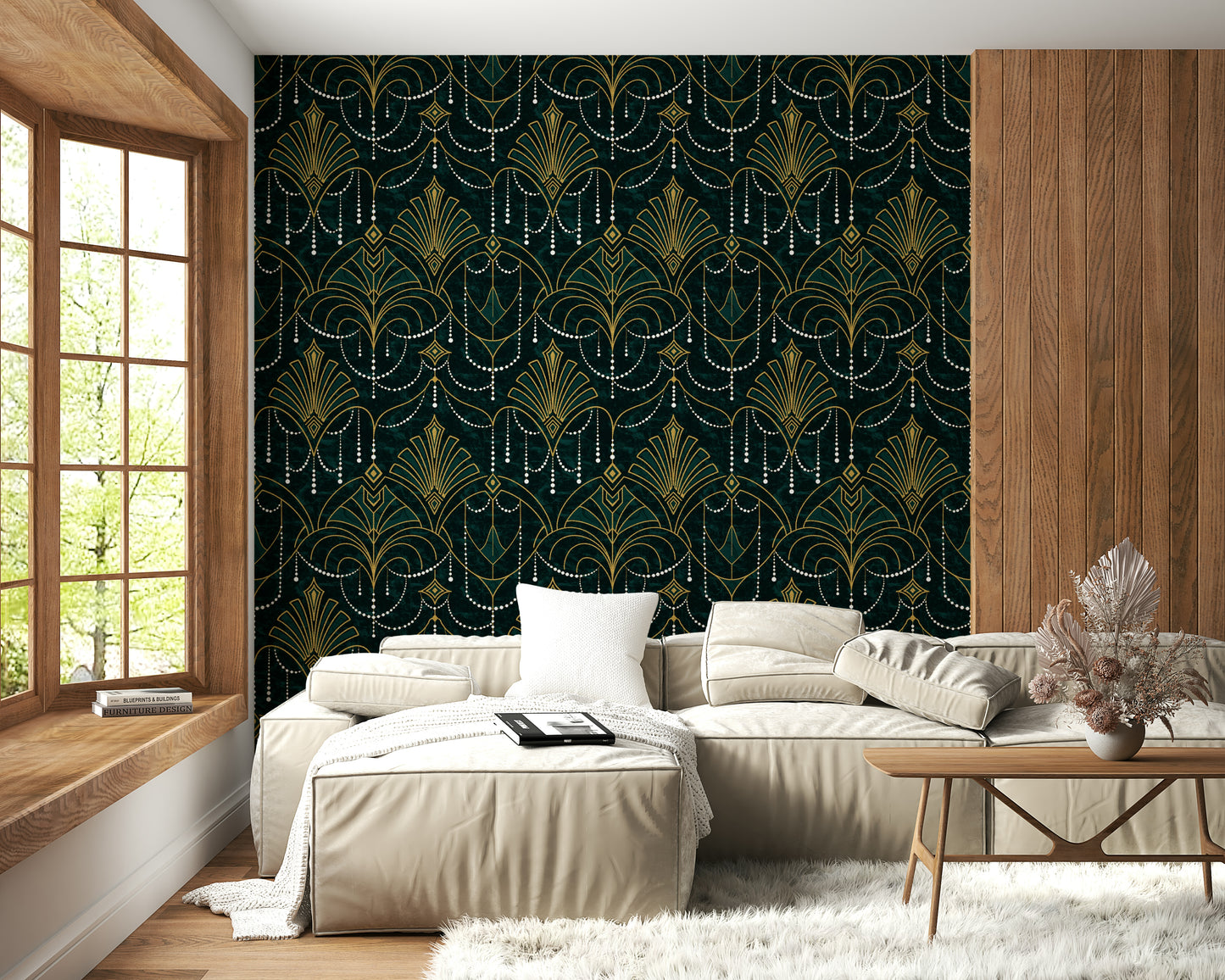 A contemplative geometric design wallpaper mural for a feature wall.