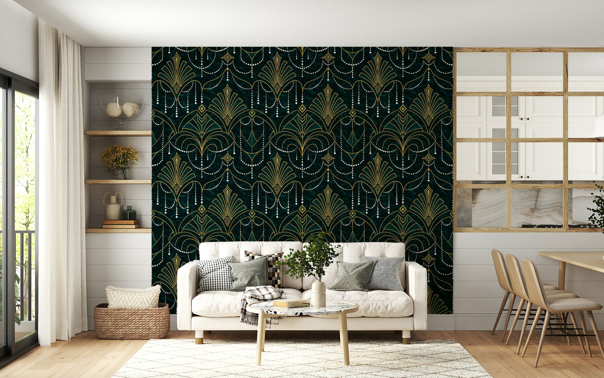 A graceful subtle block wall mural in rich, green tones.