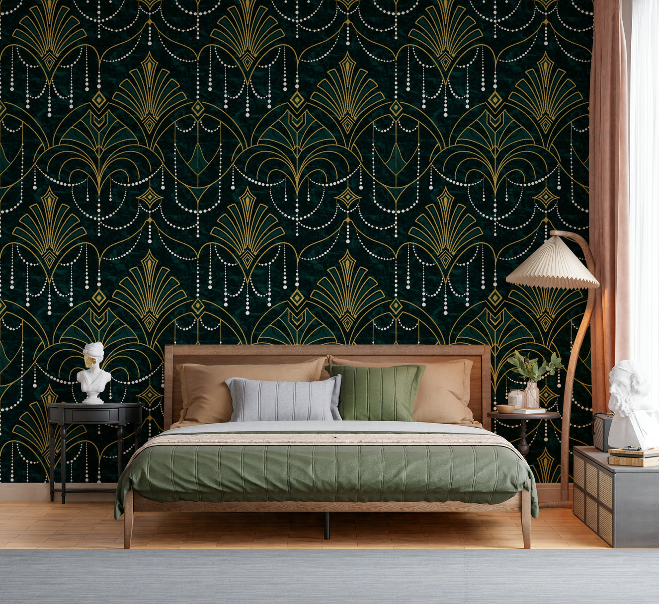 A beautiful Art Deco geometric wallpaper mural in emerald green and gold.