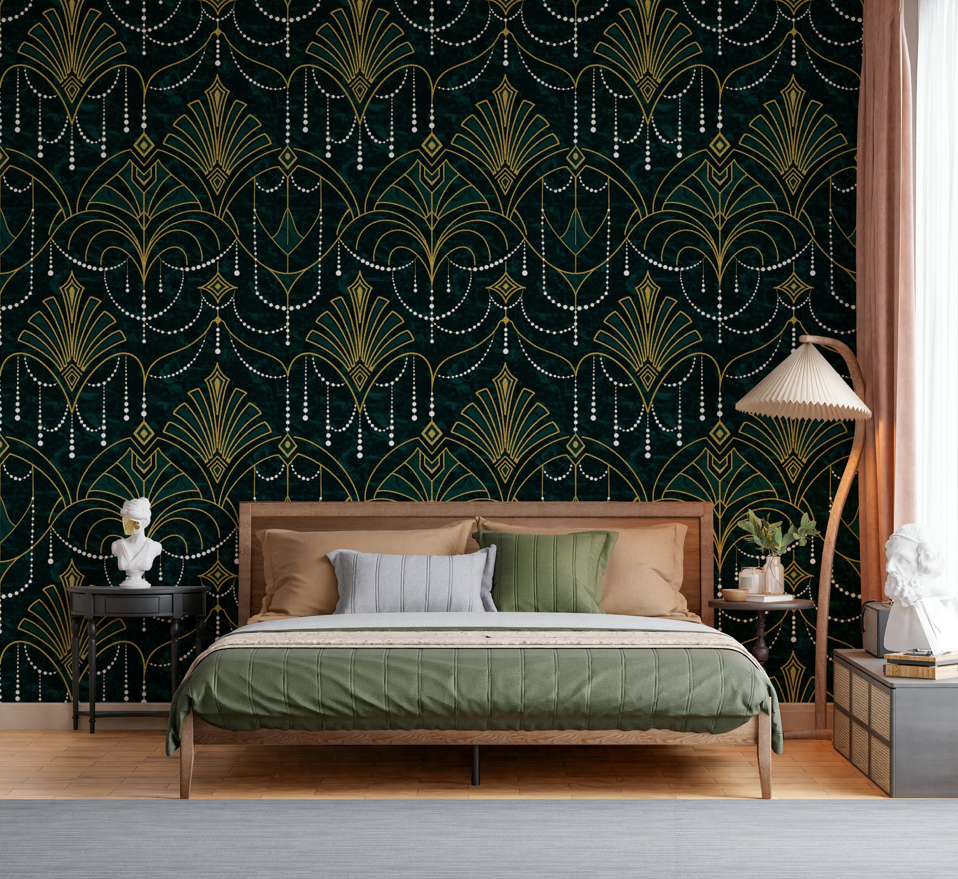A beautiful Art Deco geometric wallpaper mural in emerald green and gold.