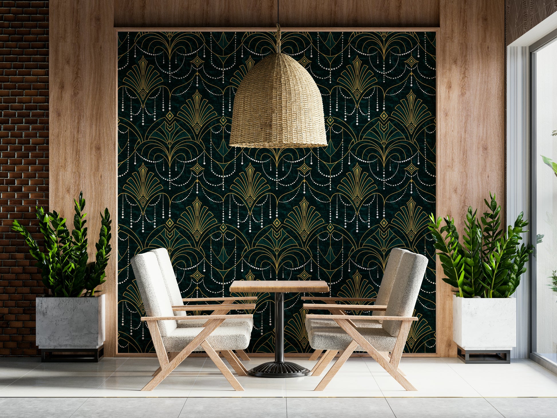 A peaceful geometric design mural on decorative wallpaper.
