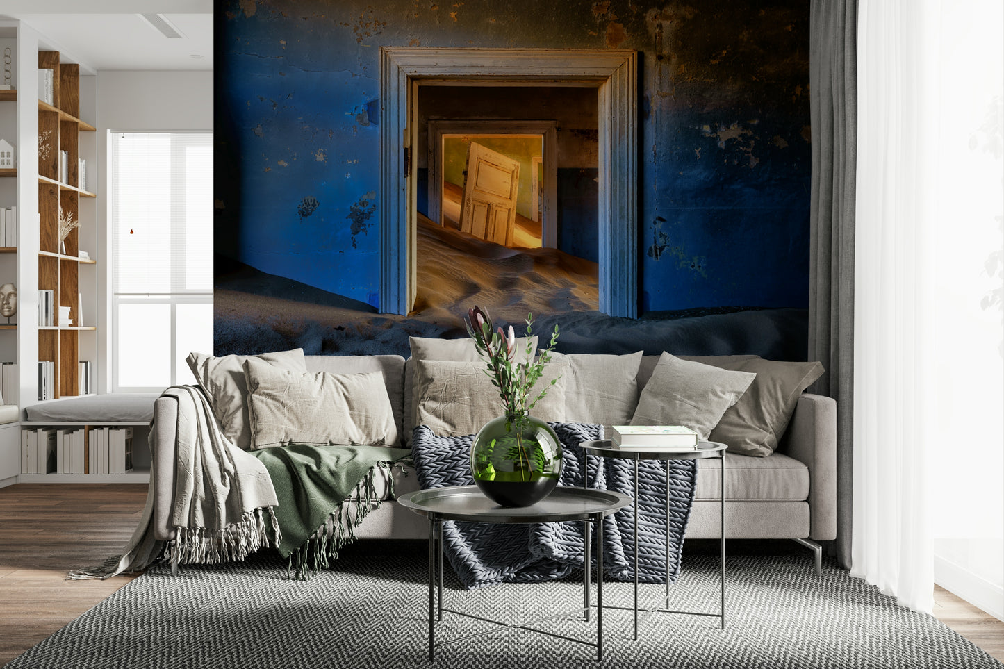 A peaceful modern abstract mural on decorative wallpaper.