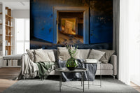 A peaceful modern abstract mural on decorative wallpaper.