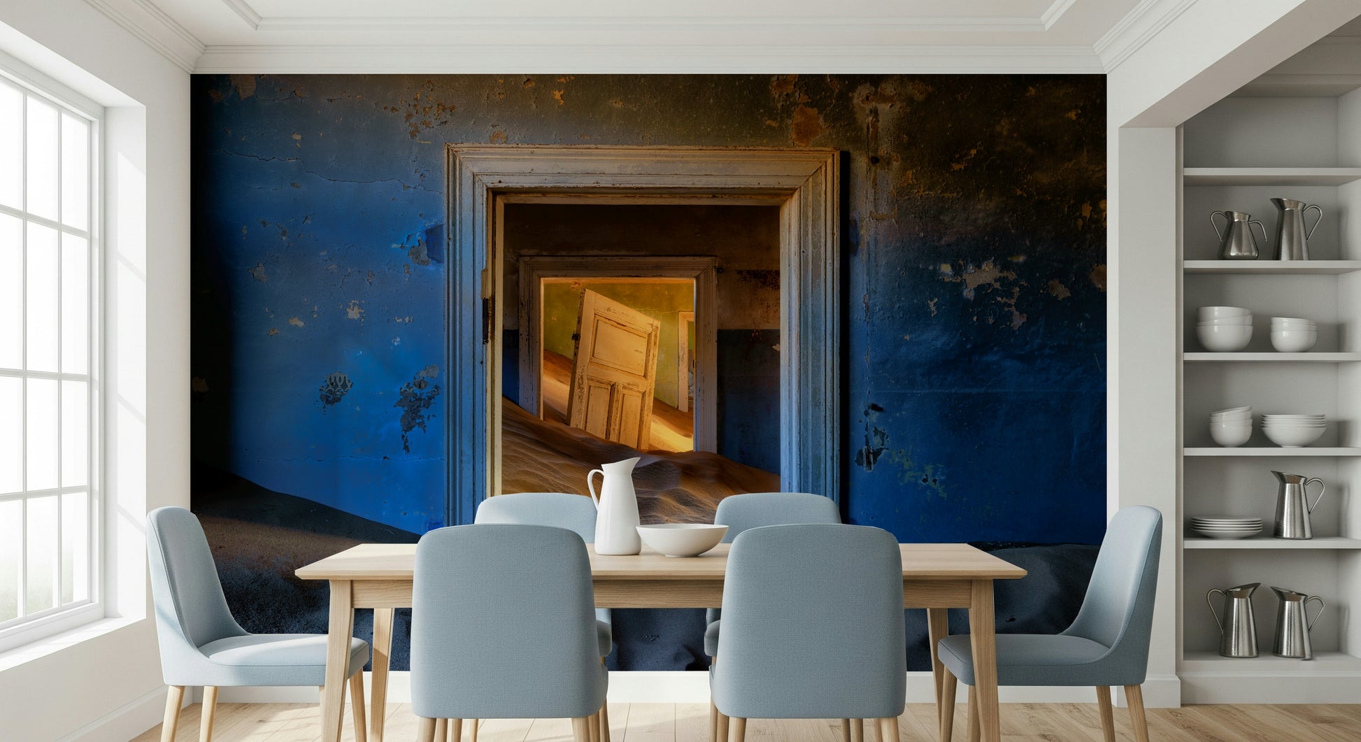 An artistic soft focus interior mural on minimalist wallpaper.
