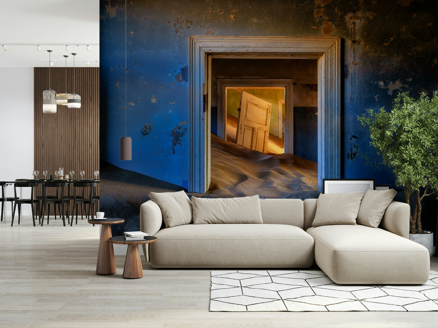 A calming abstract design wallpaper mural that defines a space.