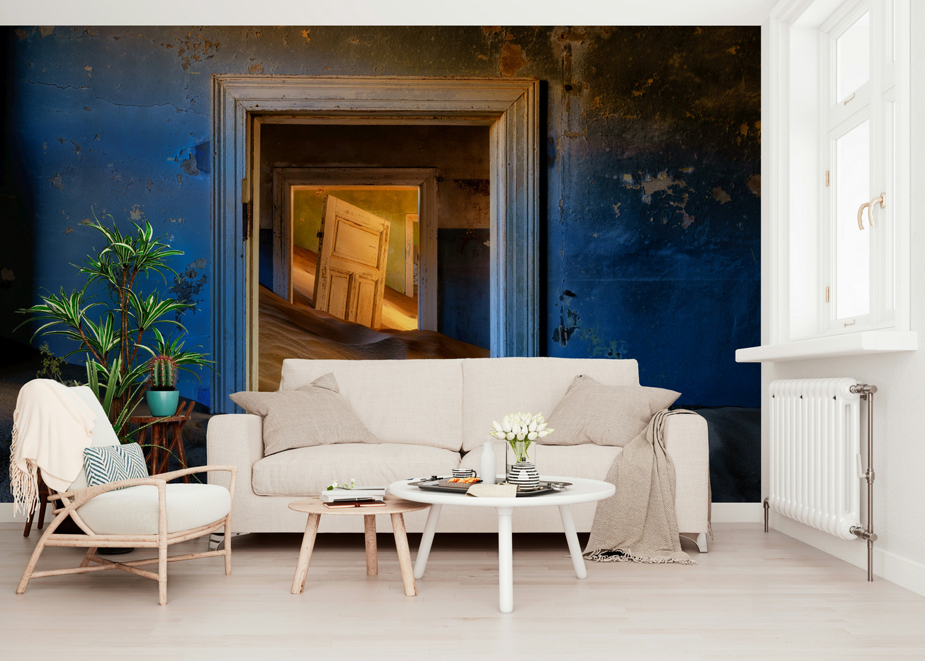 A beautiful abandoned room wallpaper mural with subtle, atmospheric lighting.