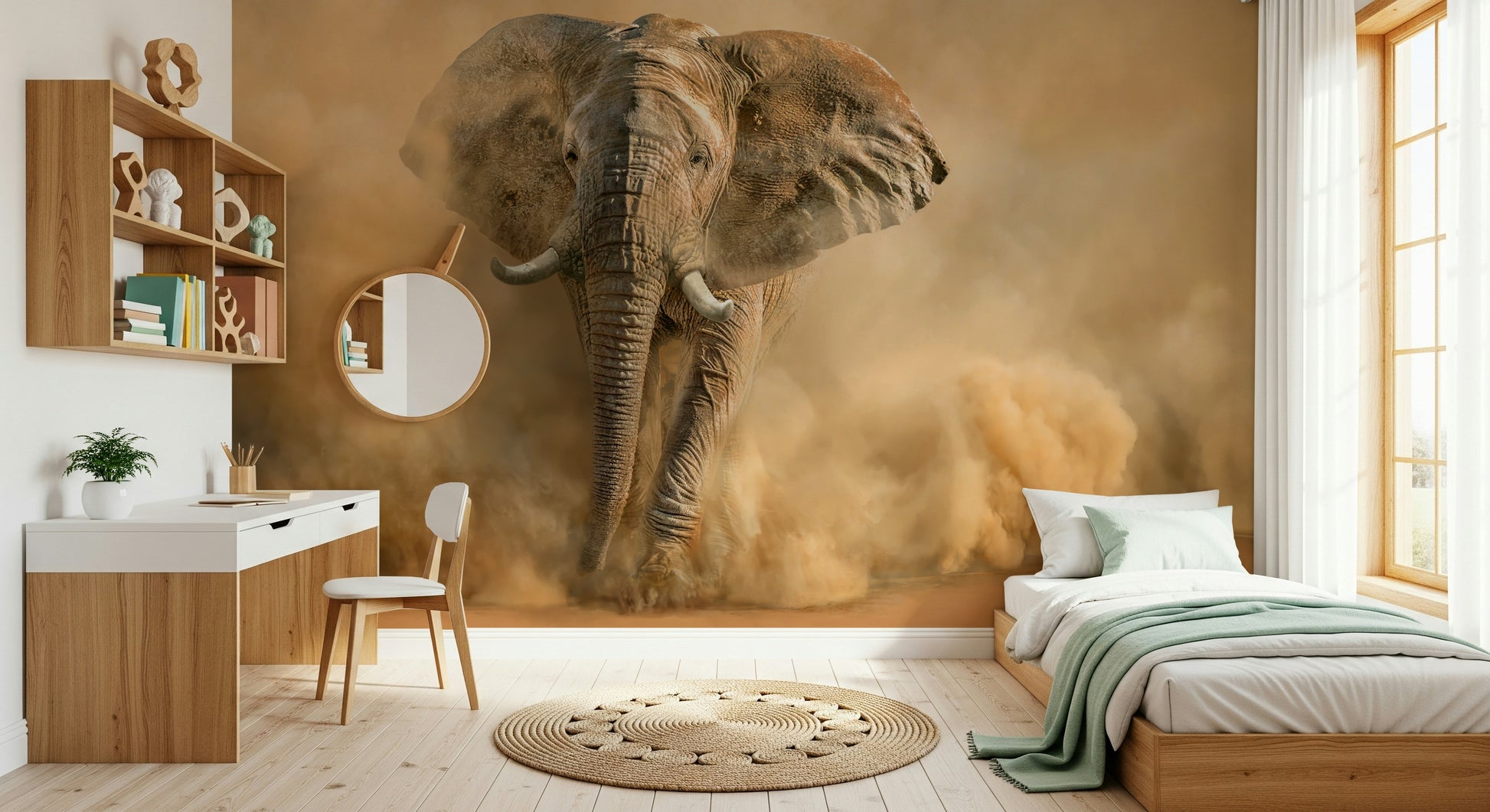 An artistic abstract pattern mural on minimalist wallpaper.