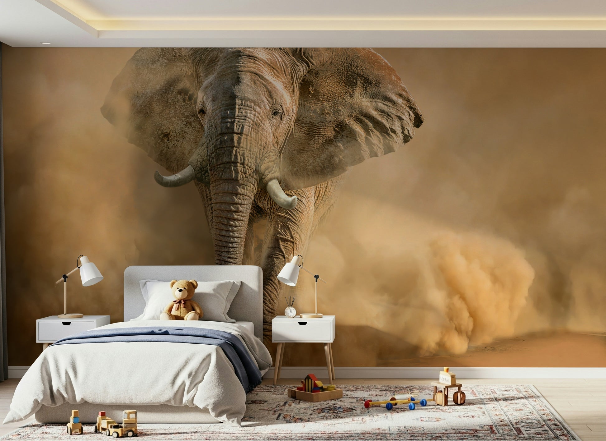 A serene flowing design wall mural in warm, intense tones.