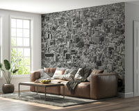 An artistic abstract block mural on minimalist wallpaper.