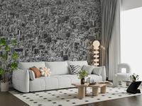A peaceful geometric design mural on decorative wallpaper.