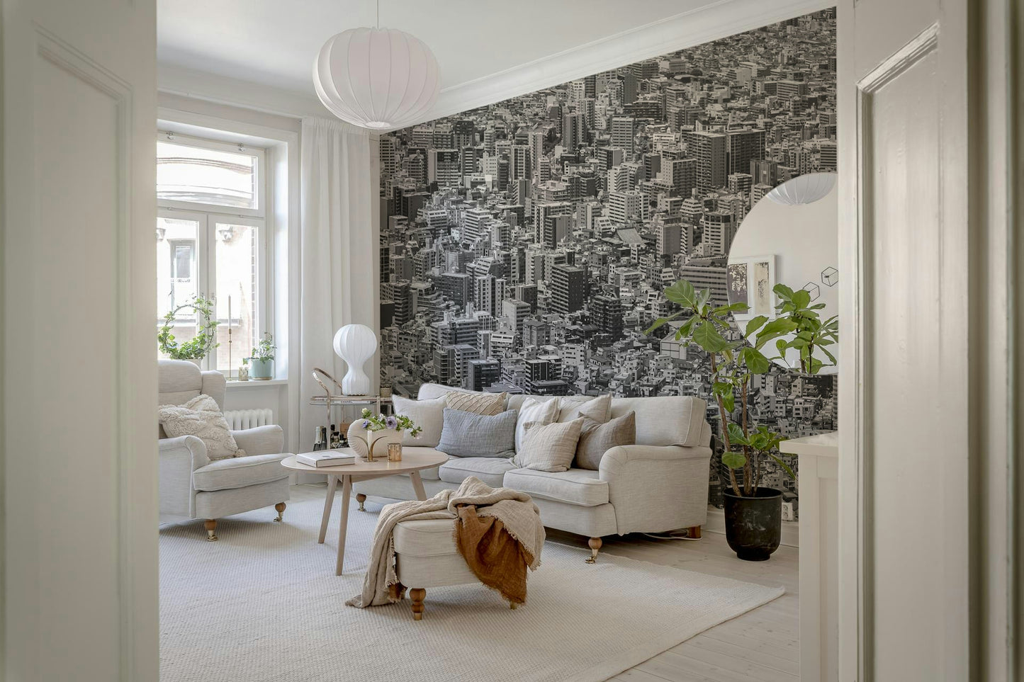 A graceful subtle block wall mural in cool, neutral tones.