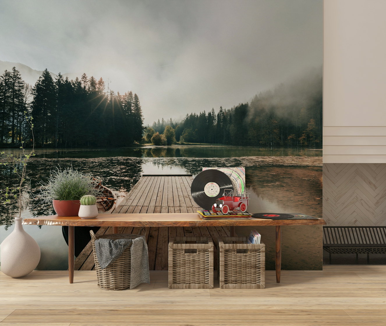 A beautiful dockside dawn wallpaper mural with subtle morning light over water.