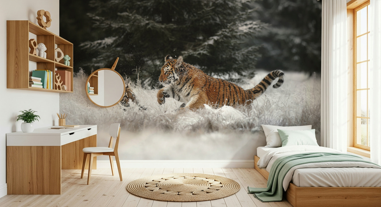 A beautiful whimsical tiger cubs wallpaper mural playing in a snowy forest.