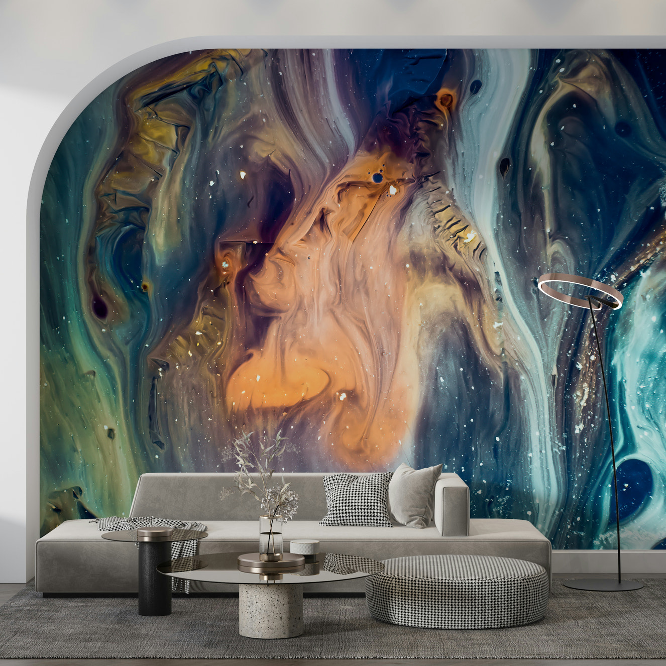 A beautiful abstract cosmic wallpaper mural with subtle, fluid galaxy patterns.