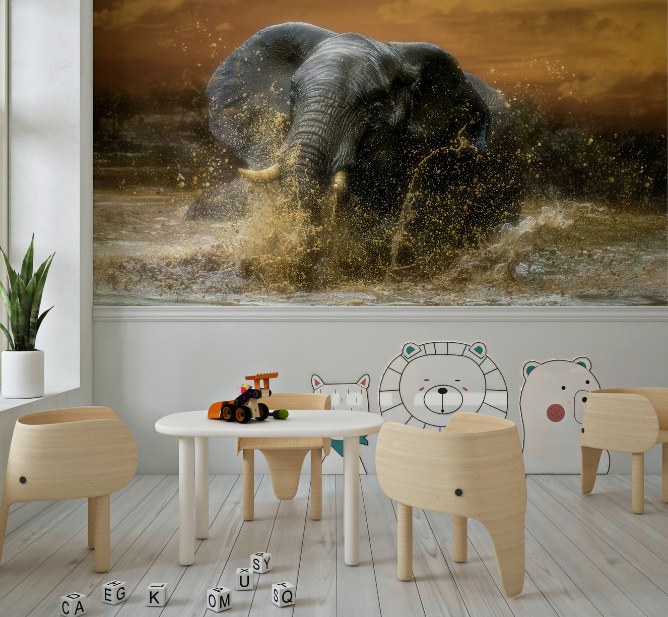 A beautiful elephant plunge wallpaper mural with a majestic animal swimming.