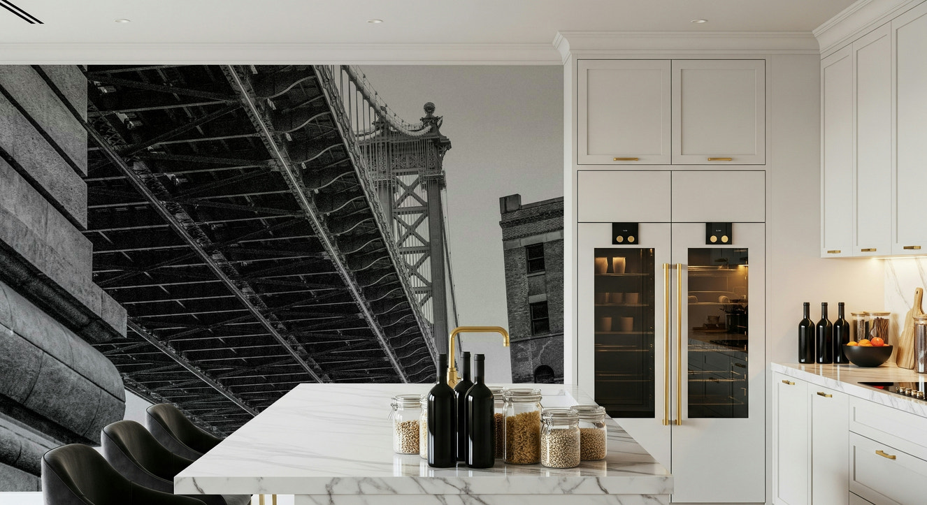 A beautiful black and white bridge wallpaper mural with urban, geometric arches.