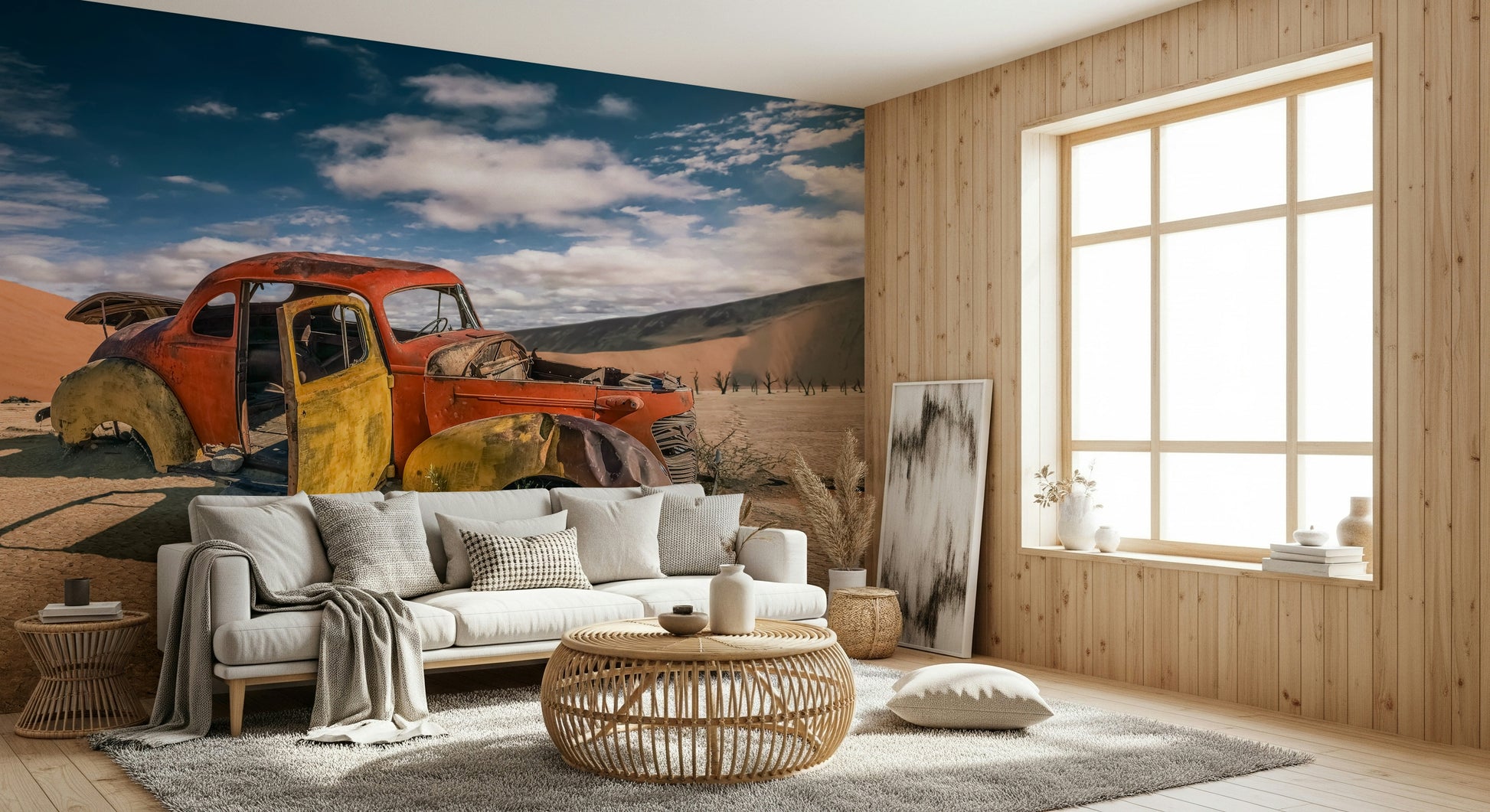 A peaceful open country mural on decorative wallpaper.