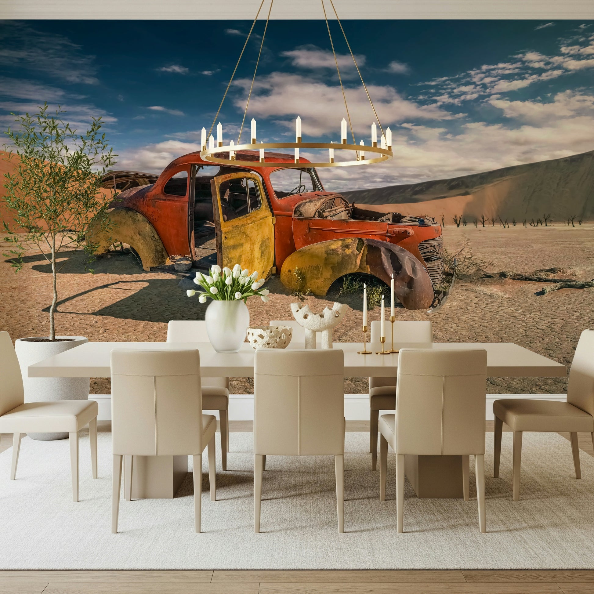 A calming serene view wallpaper mural that defines a space.