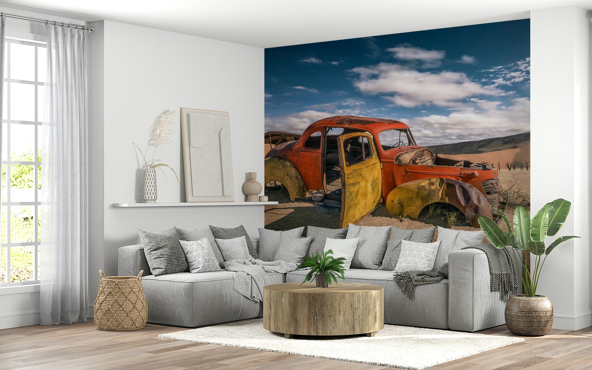 A serene subtle desert wall mural for adventurous decor.