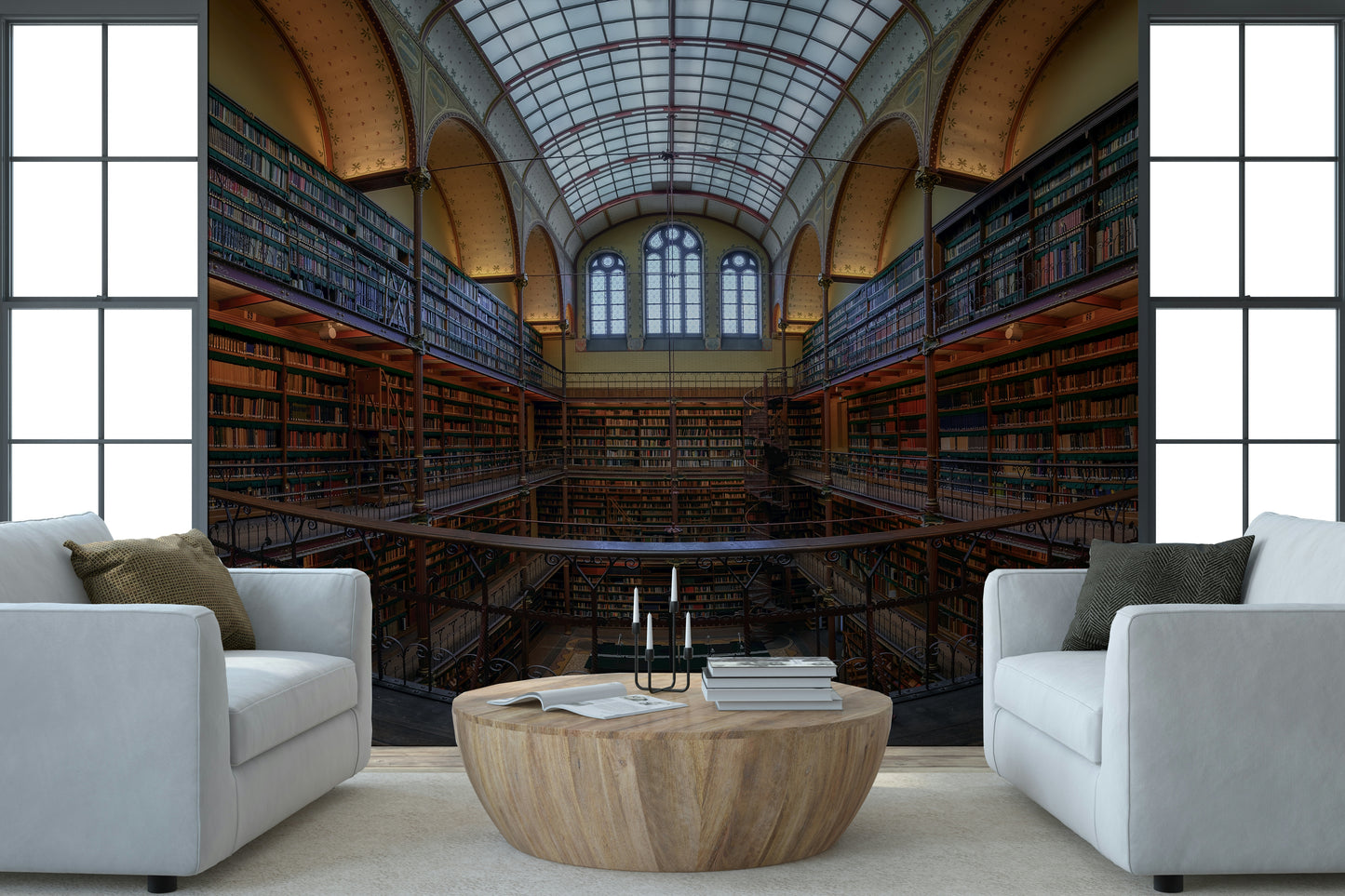 A peaceful modern abstract mural on decorative wallpaper.