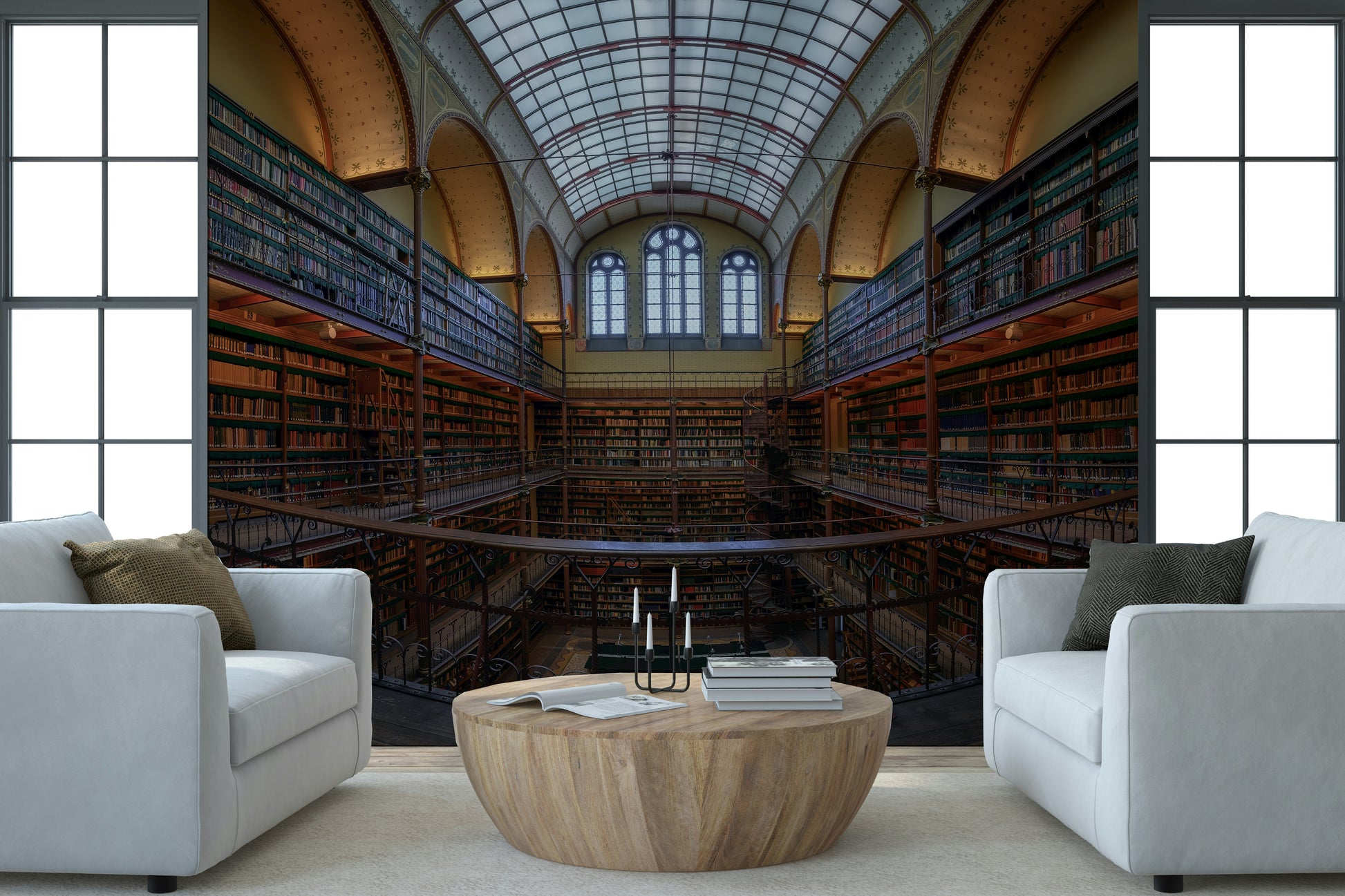 A peaceful modern abstract mural on decorative wallpaper.