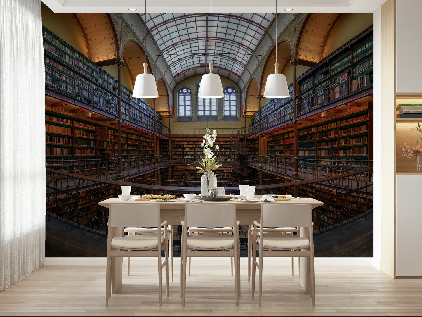 A beautiful classic library wallpaper mural with towering bookshelves and antique charm.