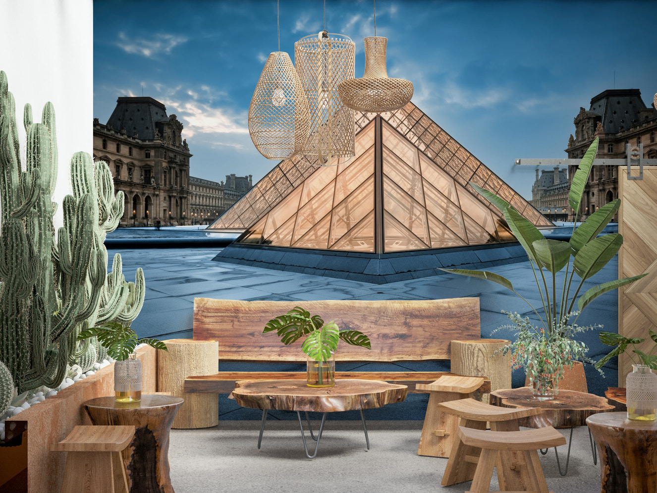 A beautiful abstract pyramid wallpaper mural inspired by modern Parisian architecture.